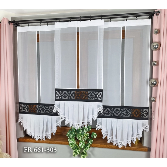 Schiebegardinen Set mit Rüsche und schwarzem Ajour – Modell FR661-303