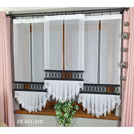 Schiebegardinen Set mit Rüsche und schwarzem Ajour – Modell FR661-310
