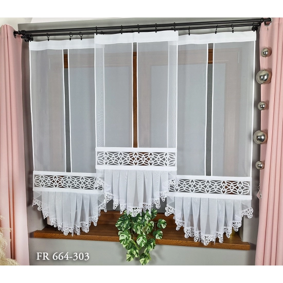 Schiebegardinen Set weiß mit Rüsche und Ajour – Modell FR664 - 303