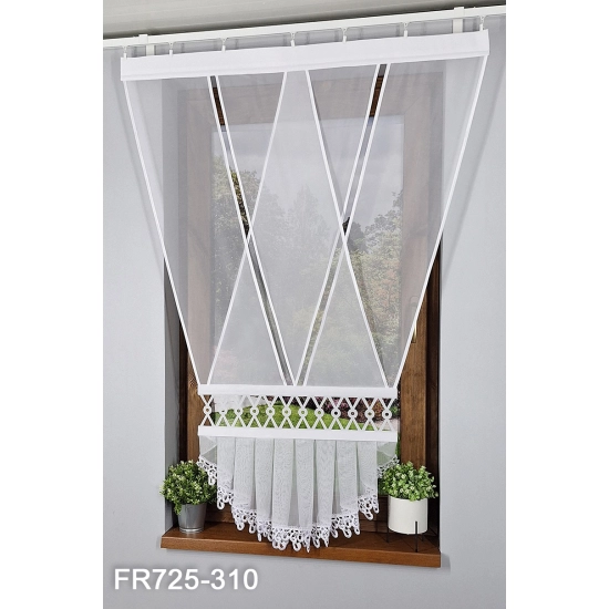 Schiebegardinen Set FR725 weiß Voile mit Gipiura und Volant im V-Design