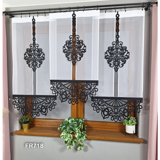 Fertige Gardinen modern – Flächenvorhänge mit Voile und Laserschnitt in Weiß-Schwarz, Modell FR718